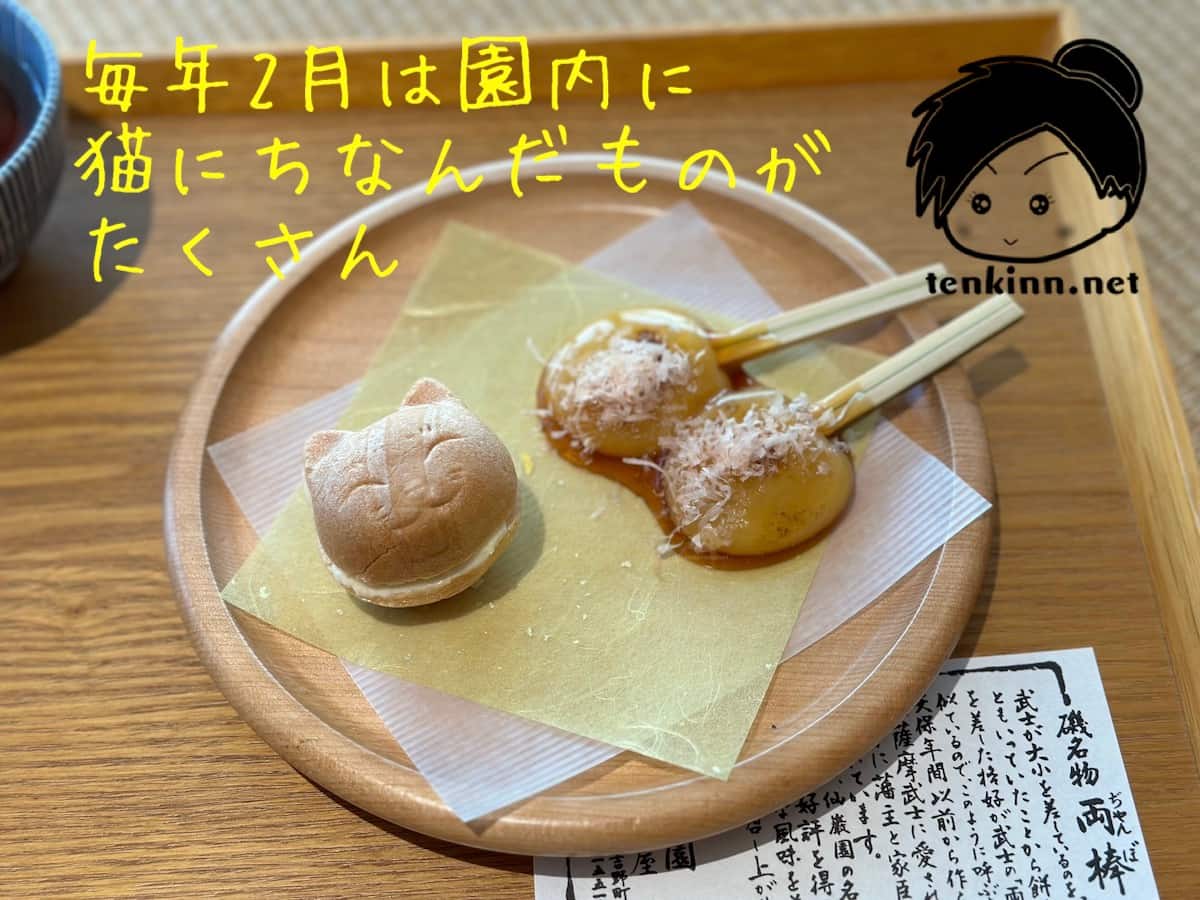 仙巌園で2月だけ食べられる両棒餅、ねこ最中ぢゃんぼ